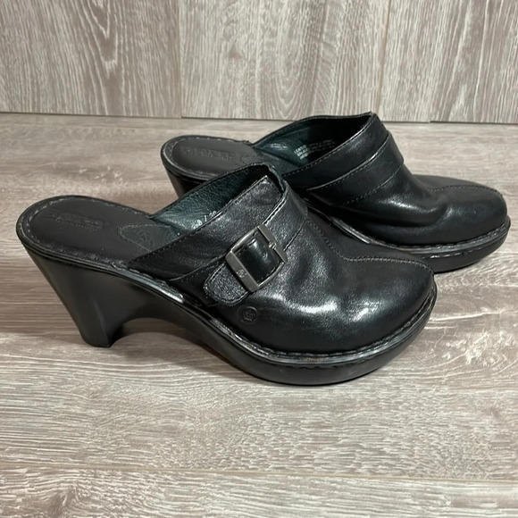 Born Black Leather Buckle Heeled Clogs Mules 8 - Picture 5 of 15